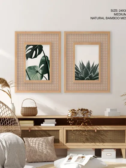 Discover unique textures with our handcrafted natural bamboo mesh frames. This set of two botanical prints, featuring Monstera and Succulent leaves, demonstrates how our diverse framing options can perfectly complement a bohemian or rustic interior design theme.