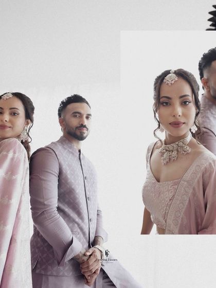 A stylish collage of the couple posing back-to-back and in a close portrait, highlighting their modern style and connection.