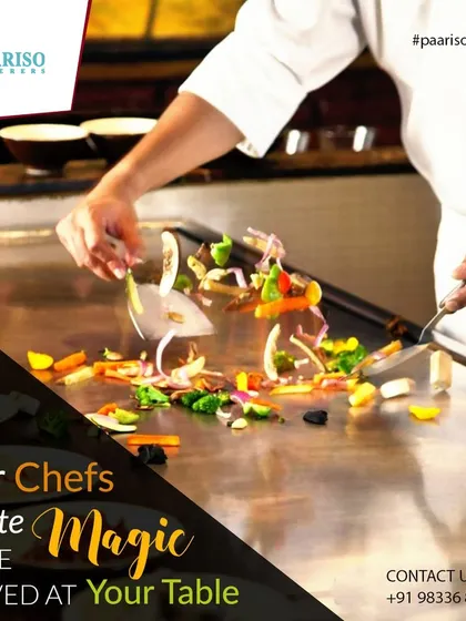 Our chefs are masters of their craft, creating culinary magic right before your eyes. This video shows the dynamic action of a live teppanyaki-style station, where fresh vegetables are expertly tossed and cooked, providing both entertainment and a delicious meal.