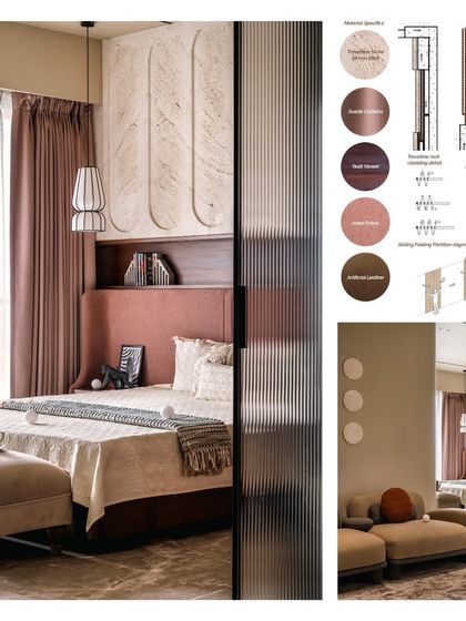 This board details the material and joinery choices for the master bedroom, including a fluted glass partition and a warm, dusty rose color palette to create a tranquil and elegant atmosphere.