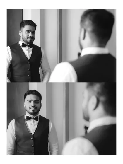 A black and white diptych of the groom looking in the mirror. These reflective shots are a great way to capture his anticipation.