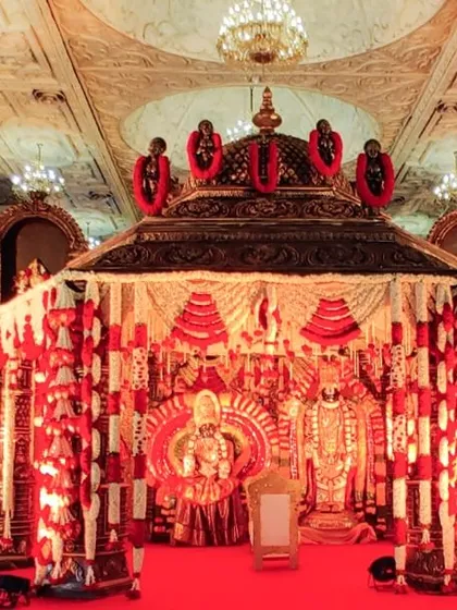 We specialize in creating breathtaking, temple-style mandaps that honor tradition. This expansive setup features intricate carvings and layers of floral garlands, creating a divine atmosphere for the sacred wedding rituals.