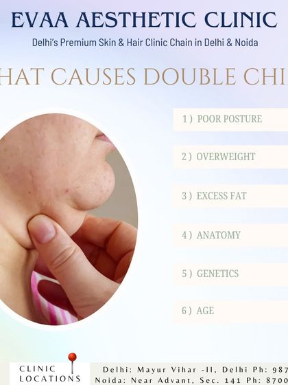 This educational graphic explains the common causes of a double chin, a concern we effectively treat with non-surgical methods like HIFU. Causes range from posture and genetics to age.