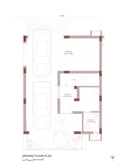 The ground floor plan for the Raghavan Valley villa, showing the layout of the parking, foyer, and entry-level spaces.