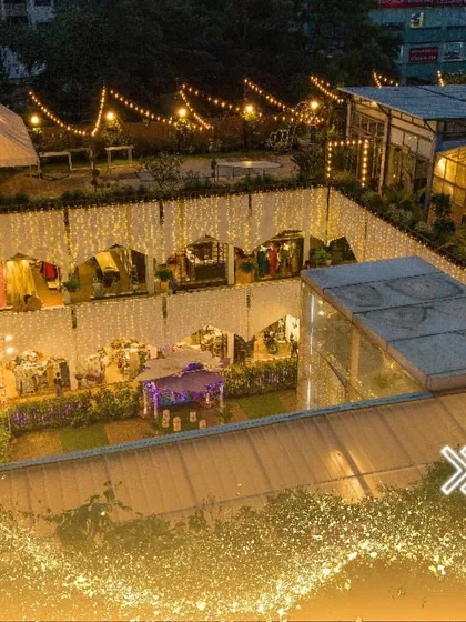 A daytime aerial view showing the layout of our multi-level rooftop venue during an event.