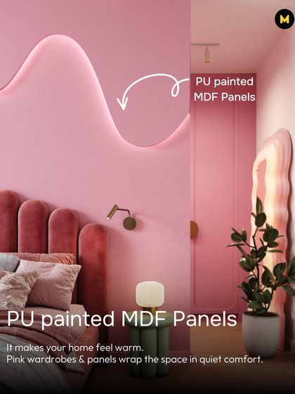 Pink can make a home feel warm. These curved, PU-painted MDF panels and matching pink wardrobe wrap the space in quiet comfort, creating a dreamy and playful bedroom.