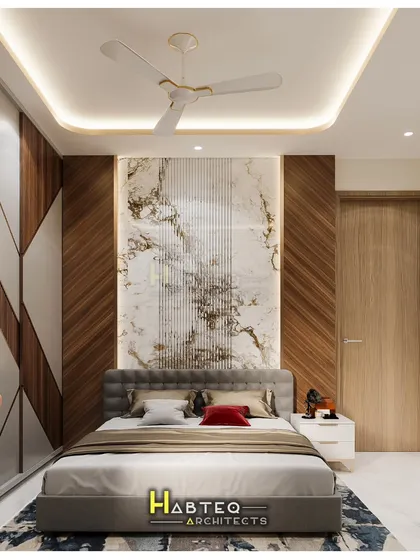 A 3D visualization of a master bedroom sanctuary, featuring a mix of materials like a bookmatched marble headboard, diagonal wood paneling, and a custom geometric wardrobe for a modern and warm aesthetic.