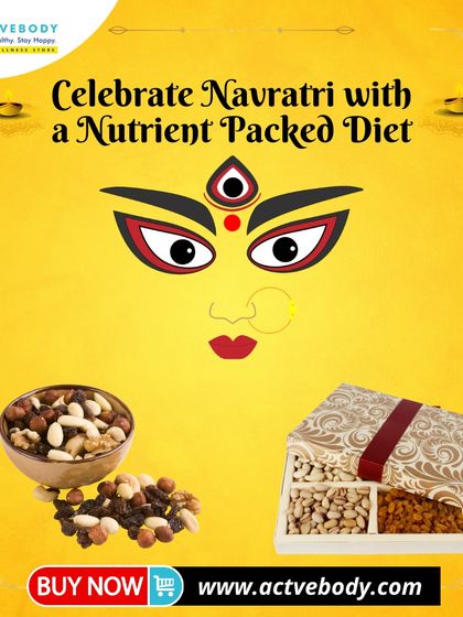 Celebrate Navratri with a nutrient-packed diet. This image, featuring a beautiful gift box of dry fruits, suggests fueling your festivities with these essential nutrients to keep your energy high.