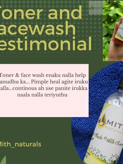 A testimonial graphic for my Tea Tree Toner and Saffron Facewash. The customer says it's helping heal her pimples with continuous use. Consistency is key with natural products.