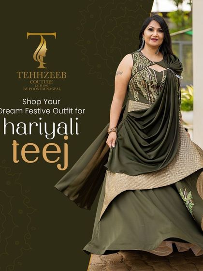 This olive green draped gown is my pick for a Hariyali Teej celebration. The fusion of traditional draping with a modern silhouette makes it a unique and stylish choice for the festive season.