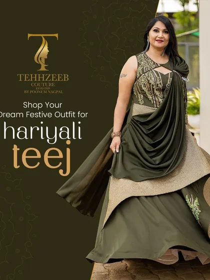 Shop your dream festive outfit for Hariyali Teej. This olive green draped gown is a modern and elegant choice for the celebration.