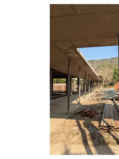 The family commune in Alibaug during construction. The steel posts mark out the generous verandahs that are the essence of the project.