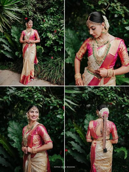 A collage of the bride's portraits in a lush garden, showcasing her beautiful saree and elegant poses from all angles.