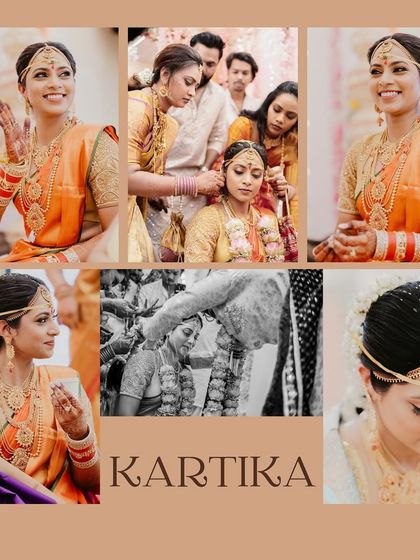 A collage dedicated to the bride, Kartika. It showcases her journey through the wedding day, from getting ready to the main ceremony, capturing her various emotions.