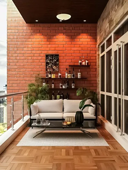 We transform compact city balconies into cozy outdoor retreats. This design uses an exposed brick feature wall, comfortable seating, and smart shelving for a mini-bar, making it the perfect space to unwind.