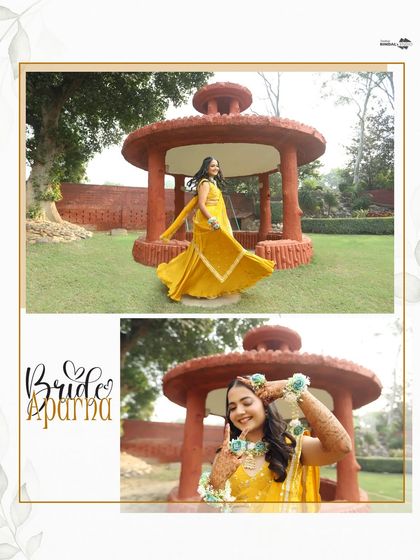 A lovely solo portrait of the bride at her Haldi ceremony. Her joyful twirl in a yellow outfit, set in a garden, makes for a beautiful and happy picture.