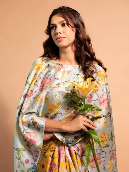 An elegant and serene shot from the Riddhi Jain Label campaign, with soft makeup and hair.