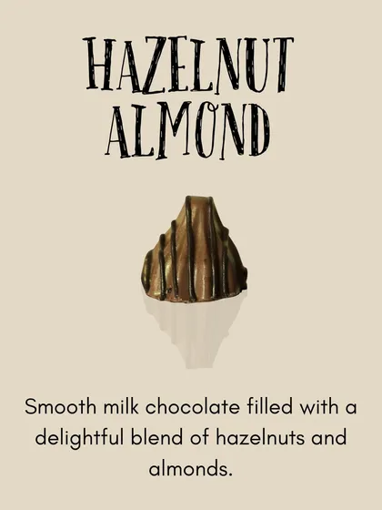 Our Hazelnut Almond modak features smooth milk chocolate filled with a delightful blend of roasted hazelnuts and almonds.