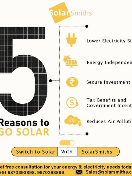 Here are 5 reasons to go solar: lower electricity bills, energy independence, a secure investment, tax benefits, and reduced air pollution.