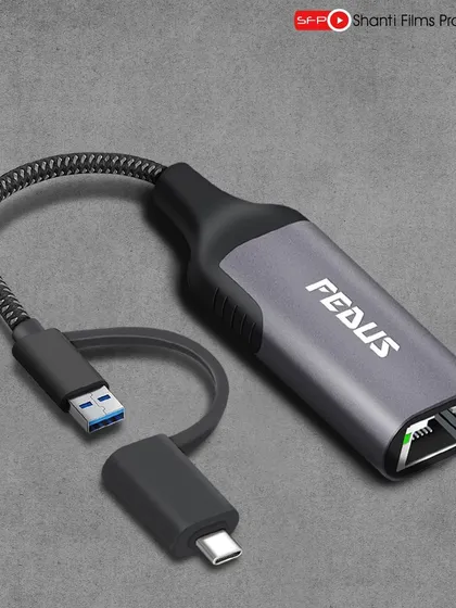 A clean, high-detail studio shot of a USB-C to Ethernet adapter. For tech products, we focus on sharp, clear images that show all ports and features against a simple background.