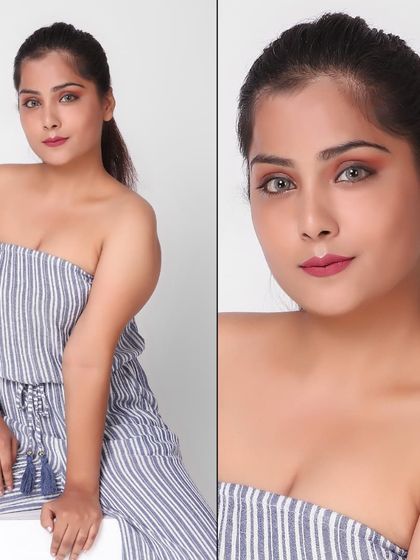 This composite image shows a plus-size model in a striped, strapless jumpsuit. It combines a seated three-quarter shot with a close-up portrait, offering a complete look for a fashion catalogue.