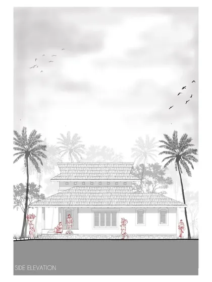 The side elevation drawing for the Doddaballapura mud house. It shows the simple, clean lines of the structure, with a focus on functional openings and a traditional sloping roof that is well-suited to the local climate.