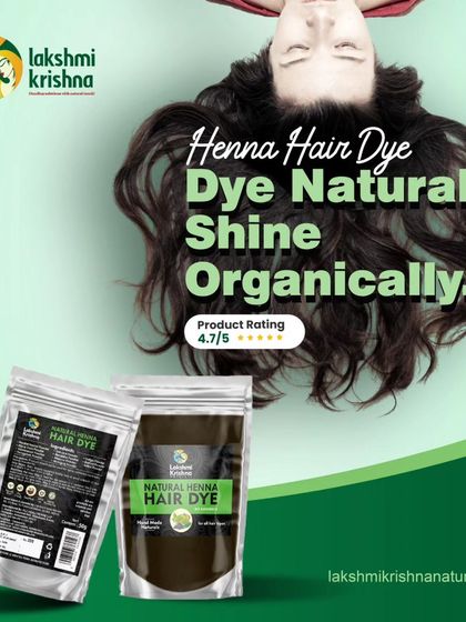 Dye naturally, shine organically. This graphic features our Natural Henna Hair Dye, made with ingredients that are rich in Vitamin E and proteins. It not only colors your hair but also reduces hair fall and boosts growth.