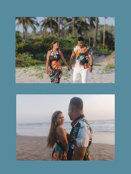 A diptych showing the couple walking hand-in-hand and sharing an intimate glance on the beach. The blue background complements their tropical-themed outfits.