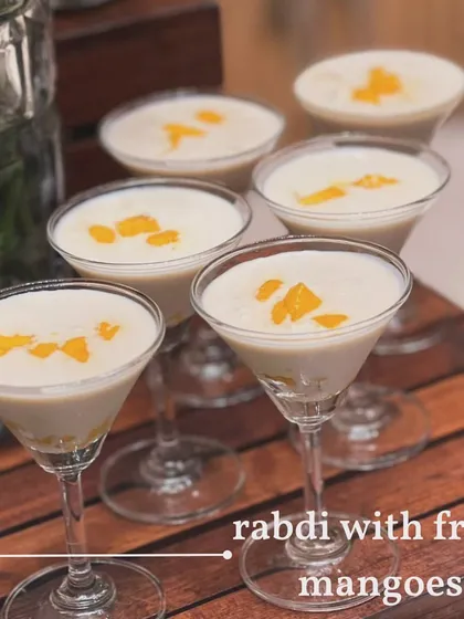 A fusion of classic Indian dessert with seasonal fruit. This is my creamy Rabdi served with fresh, juicy mangoes, presented elegantly in martini glasses.