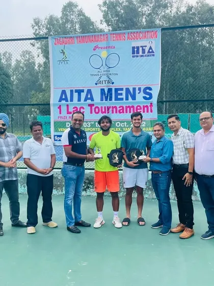 The prize distribution ceremony for the AITA Men's 1 Lac event, with my student Aditya Nandal taking the top prize.