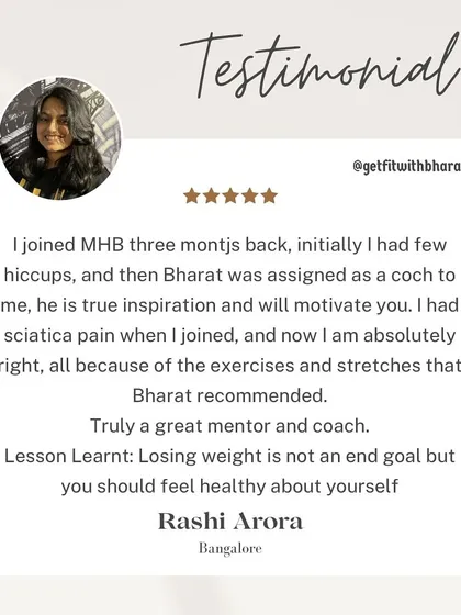 Rashi found me to be a true inspiration and mentor. We worked on her sciatica pain with specific exercises and stretches, proving that fitness is about feeling healthy, not just losing weight.