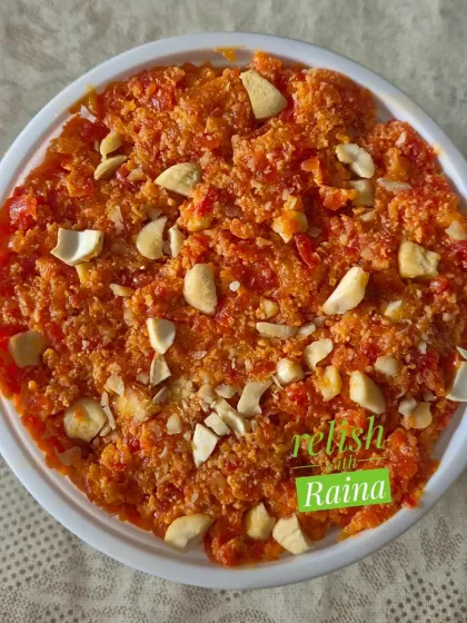 A serving of Gajar ka Halwa on a plate. It's a delightful way to enjoy the sweetness of winter carrots.