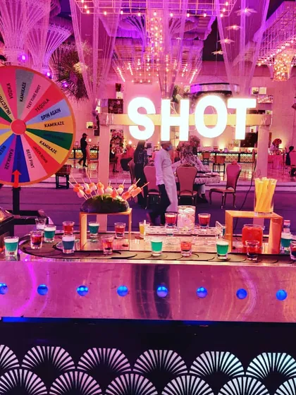 Take a chance at our interactive shot station. Guests can spin the wheel to decide their shot, adding a layer of gaming and excitement to the bar experience.