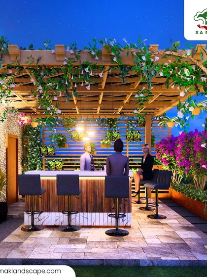We designed this rooftop terrace as the ultimate urban escape and entertainment hub. The space features a custom outdoor bar under a modern pergola, surrounded by lush planters and ambient lighting, proving that even in the city, you can have your own private oasis.