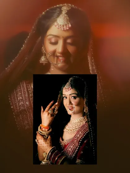 An artistic collage of bridal portraits with a warm, glowing overlay. The different poses capture the bride's elegance and the richness of her wedding attire.