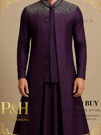 A detailed shot of the three-layer purple Anarkali ensemble, focusing on the intricate silver hand-embroidery and the luxurious texture of the fabric.