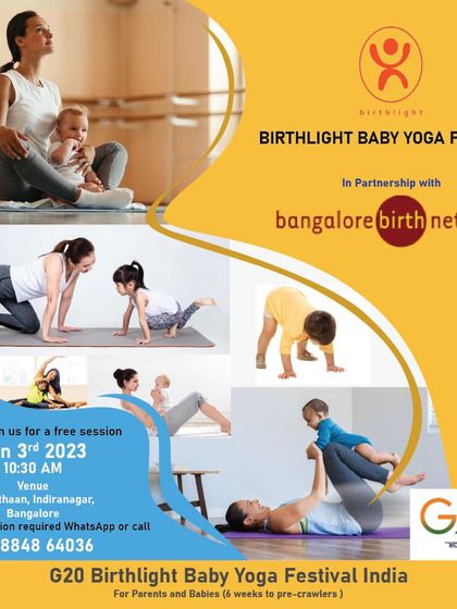 This poster for our Baby Yoga Festival showcases different poses and interactions. It highlights the physical benefits for both mother and child, such as strengthening muscles and improving flexibility.