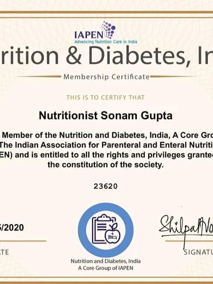 I am a proud member of Nutrition and Diabetes, India, a core group of IAPEN. This certification reflects my specialized knowledge and commitment to advancing nutrition care for the management and reversal of Diabetes in India.