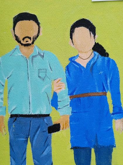 A close up of the third panel, showing the details in the clothing and posture from the original photo.