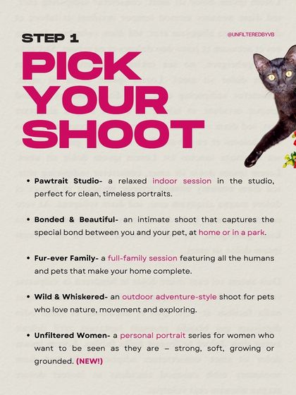 Step 1: Pick Your Shoot. This graphic outlines the different session styles I offer, from studio portraits to outdoor adventures.