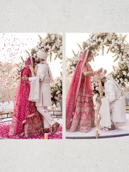 A magical moment under a shower of rose petals. We aim to capture the romance and grandeur of your wedding ceremony, documenting the key rituals like the jaimala in a beautiful, story-driven way.