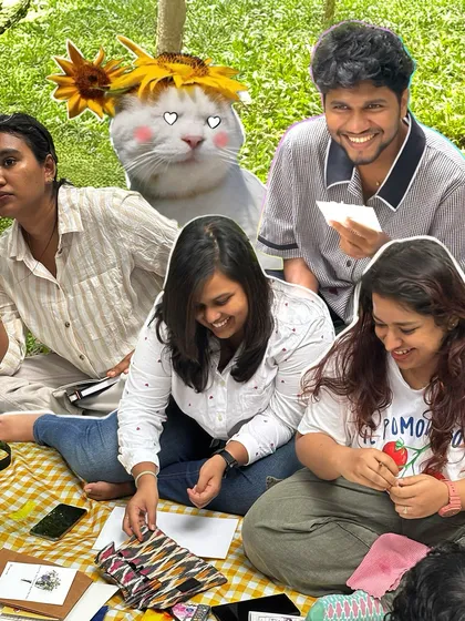 The picnic starts with a tiny welcome kit for everyone. It’s my small way of saying I’m glad you’re here. This photo captures the joy and connection that happens when we share a creative experience.