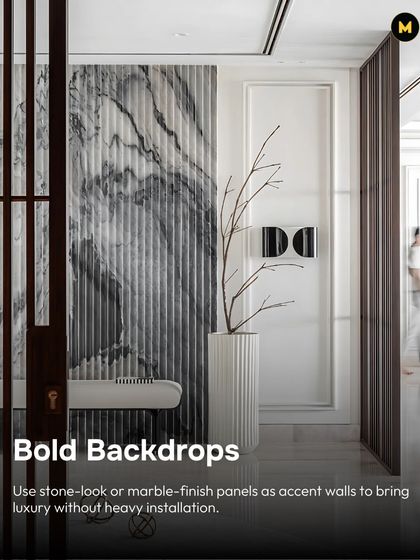 For a bold backdrop, use stone-look or marble-finish panels as an accent wall. They bring a sense of luxury and drama without the heavy installation of real stone.