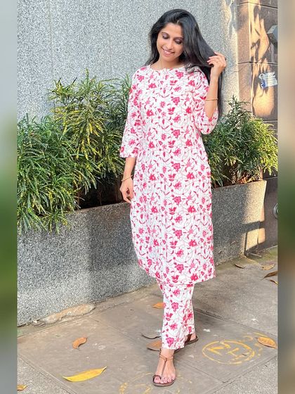 Effortlessly cool and breezy. Our white and pink floral kurta co-ords give you the ultimate summer vibe, perfect for a relaxed day out.