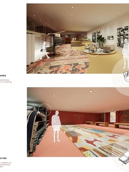 Renderings of the Jaipur Rugs concept, showing the central display area and the "Manchaha Collection" display. The design focuses on creating an immersive experience where customers can appreciate the craft of each rug.