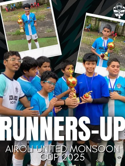 Our U-13 squad celebrating their Runners-Up finish at the Airoli United Monsoon Cup. Pranav was also named Player of the Tournament.