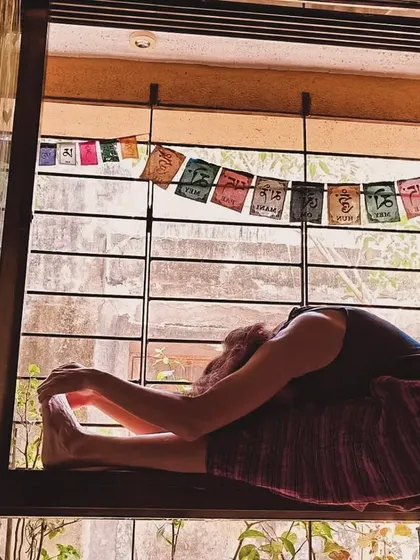 The concept of Vairaagya, or detachment, is about finding inner freedom. This deep Paschimottanasana (Seated Forward Fold) symbolizes turning inward and letting go of the external world.