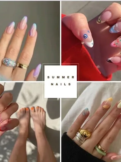 Our summer nails mood board, featuring bright colors, fun patterns, and fruity designs to get you inspired for the season.