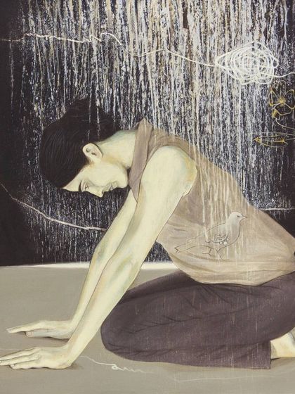 This poignant piece by C.F. John captures a moment of quiet introspection. His solo show featured a series of such works that explore the inner world and spiritual consciousness.