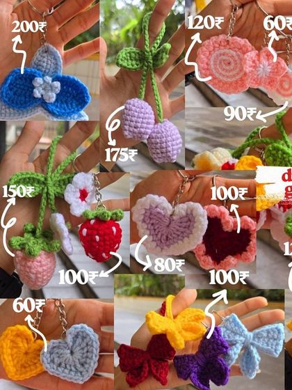 More of my affordable keychain collection. This collage shows different bow styles, cherry charms, and lacy hearts, all handmade by me.